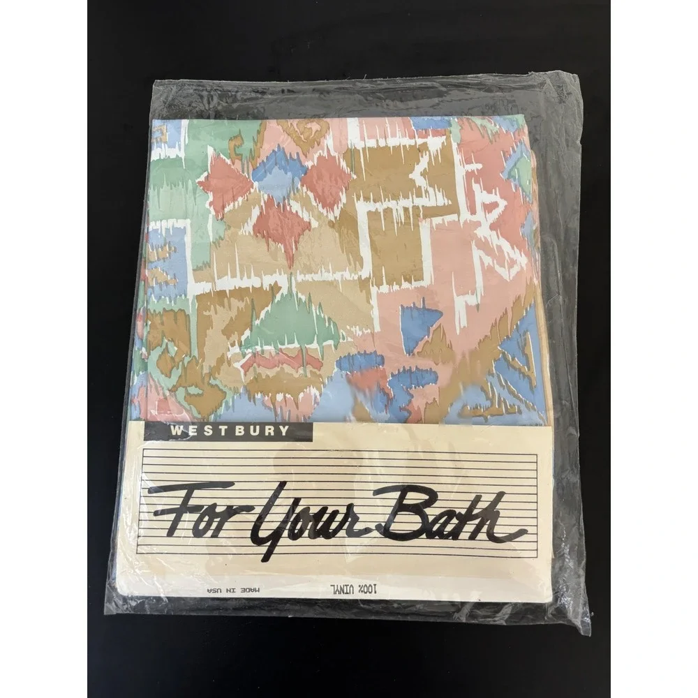 Vintage Westbury Vinyl Shower Curtain 80s Southwest Ikat Pastel 70x72 NOS USA